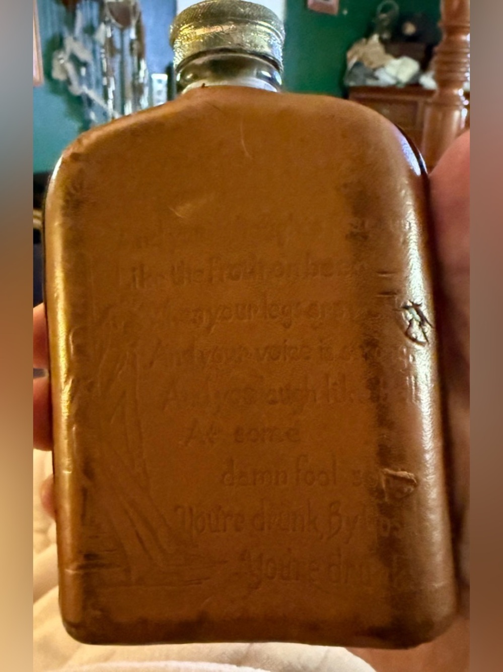 Vintage prohibition leather-covered glass hip flask 1930’s-50’s era.